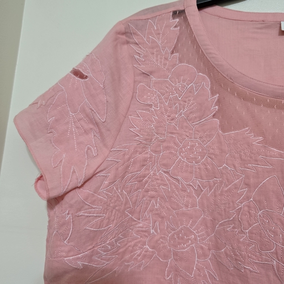 ISAAC MIZRAHI Floral Stitched Mesh Detail Short Sleeve Linen Blend Top XL Pink - Picture 3 of 12